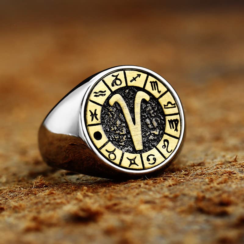 Image of Unisex 12 Constellation Zodiac Sign Signet Ring | Stainless Steel, Hip Hop Sign Signet, Horoscope Astrology Jewelry, Birthday Gift