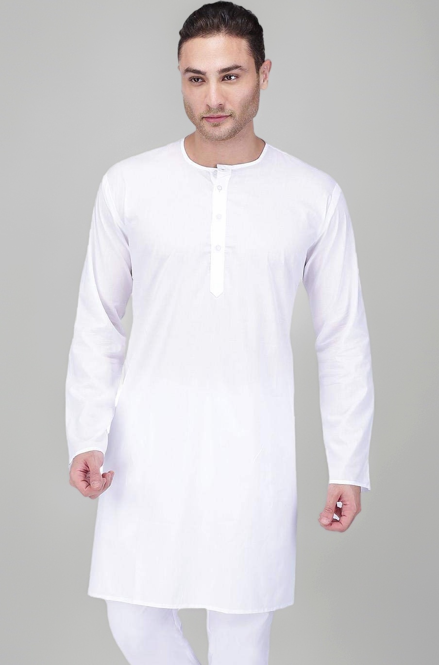 Men's White Fine Cotton Long Kurta | Round Neck | 10 Colours |