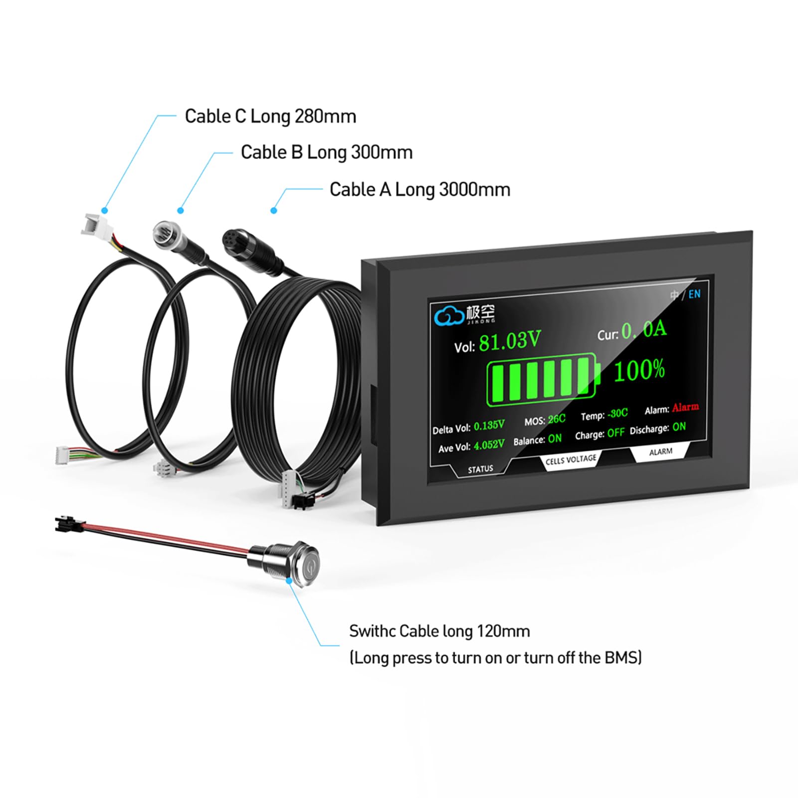 JKBMS Display LCD da 4,3 Pollici RS485 per JK BMS compatibili, monitor batteria con tensione corrente SOC e visualizzazione della tensione delle celle(LCD-4.3-RS485)