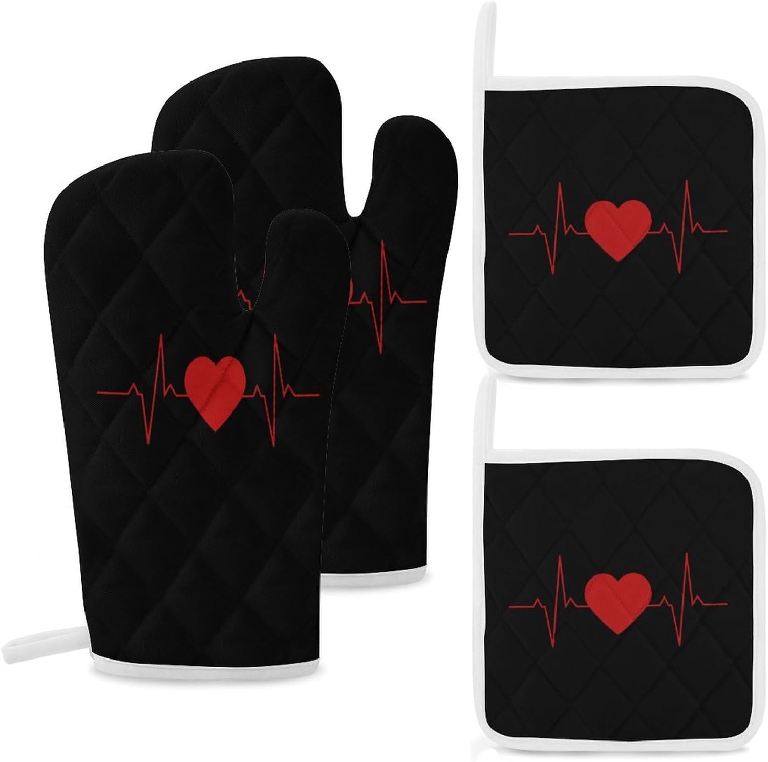 Heartbeat Line Oven Mitts and Pot Holders 4Pcs Set Heat Resistant Cooking Mitts Hot Pads