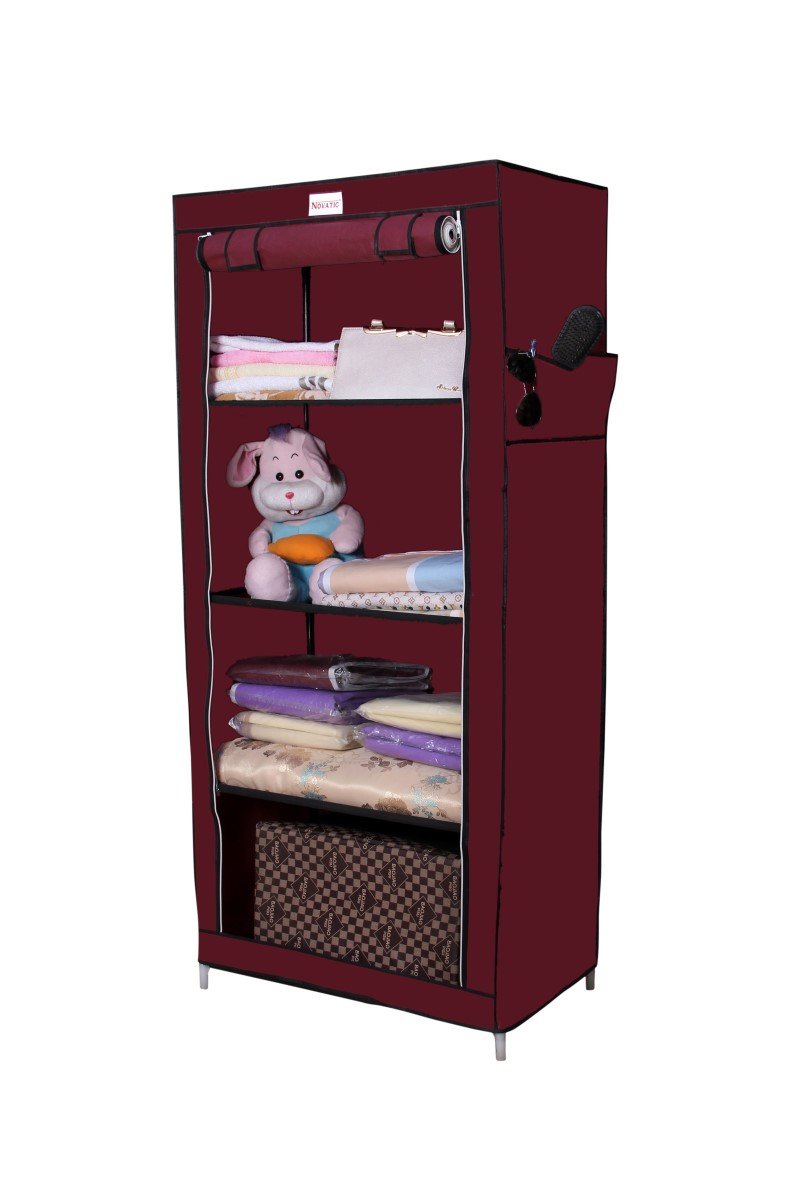 Novatic Metal Frame Single Door Collapsible Wardrobe/Collapsible Wardrobe/Storage Wardrobe/Fabric Almirah/Cloth Stand (Big 4 Shelves) - Maroon