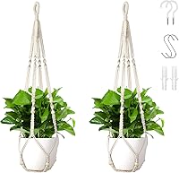 Set of 2 Macrame Plant Hangers 35 Inch with 4 Hooks - Boho Ivory Hanging Planters for Indoor Outdoor Pots, No Tassels (Pots Not Included)