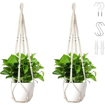 Macrame Hanging Basket Set of 2 - Hanging Flower Pot 35 Inch Cotton with Hooks Plant Basket for Indoor Balcony & Living Room Boho Decoration White Without Pot & Plant