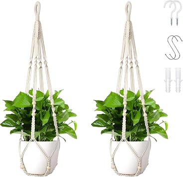 Macrame Plant Hanger Set of 2, 35 Inch Indoor Hanging Planter with 4 Hooks, Macrame Plant Hangers for Pots, No Tassels Boho Home Decor, Ivory Pots Not Included
