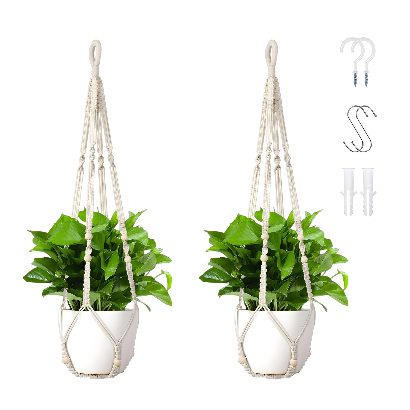 Wdmxszdq Macrame Plant Hanger Set of 2, 35 Inch Indoor Hanging Planter with 4 Hooks, Macrame Plant Hangers for Pots, No Tassels Boho Home Decor, Ivory (Pots Not Included)