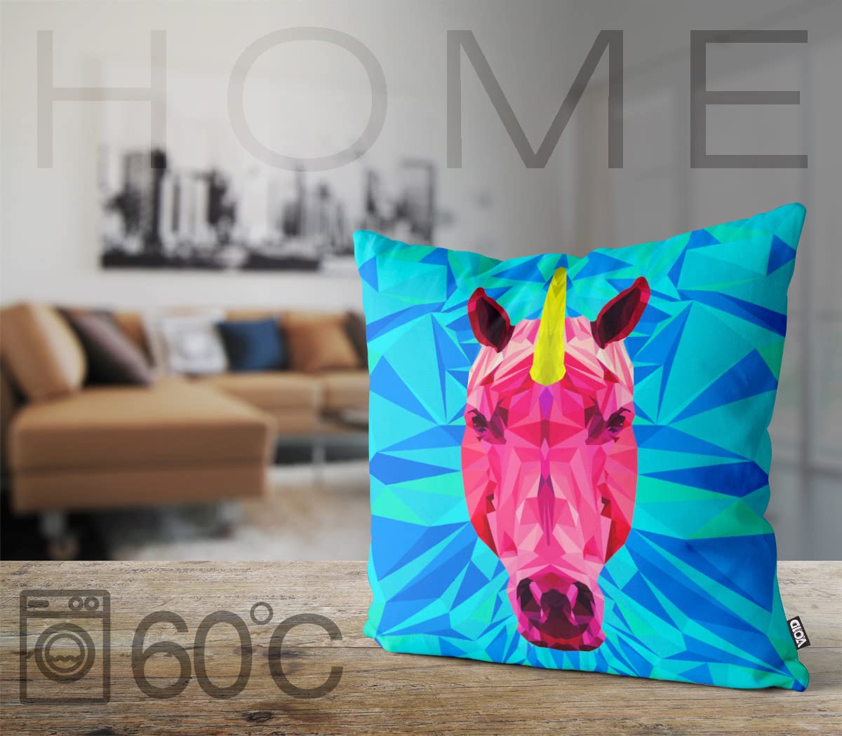 VOID Jednorożec Polygon Unicorn poszewka na poduszkę do użytku wewnątrz i na zewnątrz, poduszka o wymiarach 60 x 60 cm; kolor poduszki: niebieski