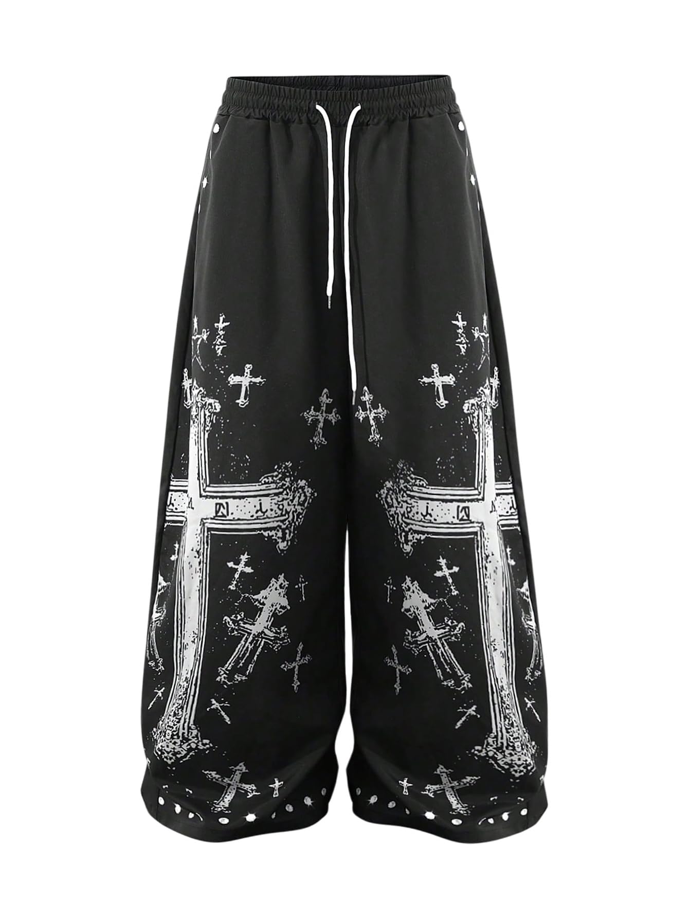 Floerns Mens Gothic Cross Print Drawstring Waist Baggy Pants Wide Leg Punk Trousers