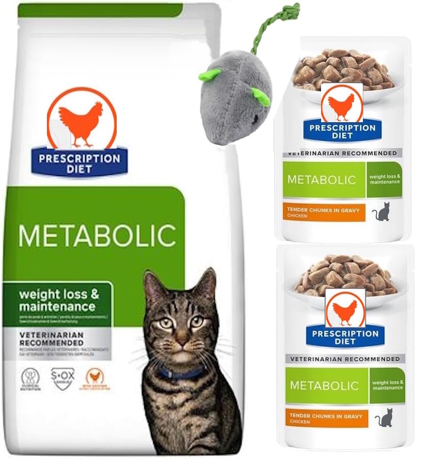 Prescription Diet Feline Metabolic Weight Management Dry Food for Cat (Chicken) 1.5 kg Diet Feline Metabolic wet 2 Pouches and Catnip mouse for your cat