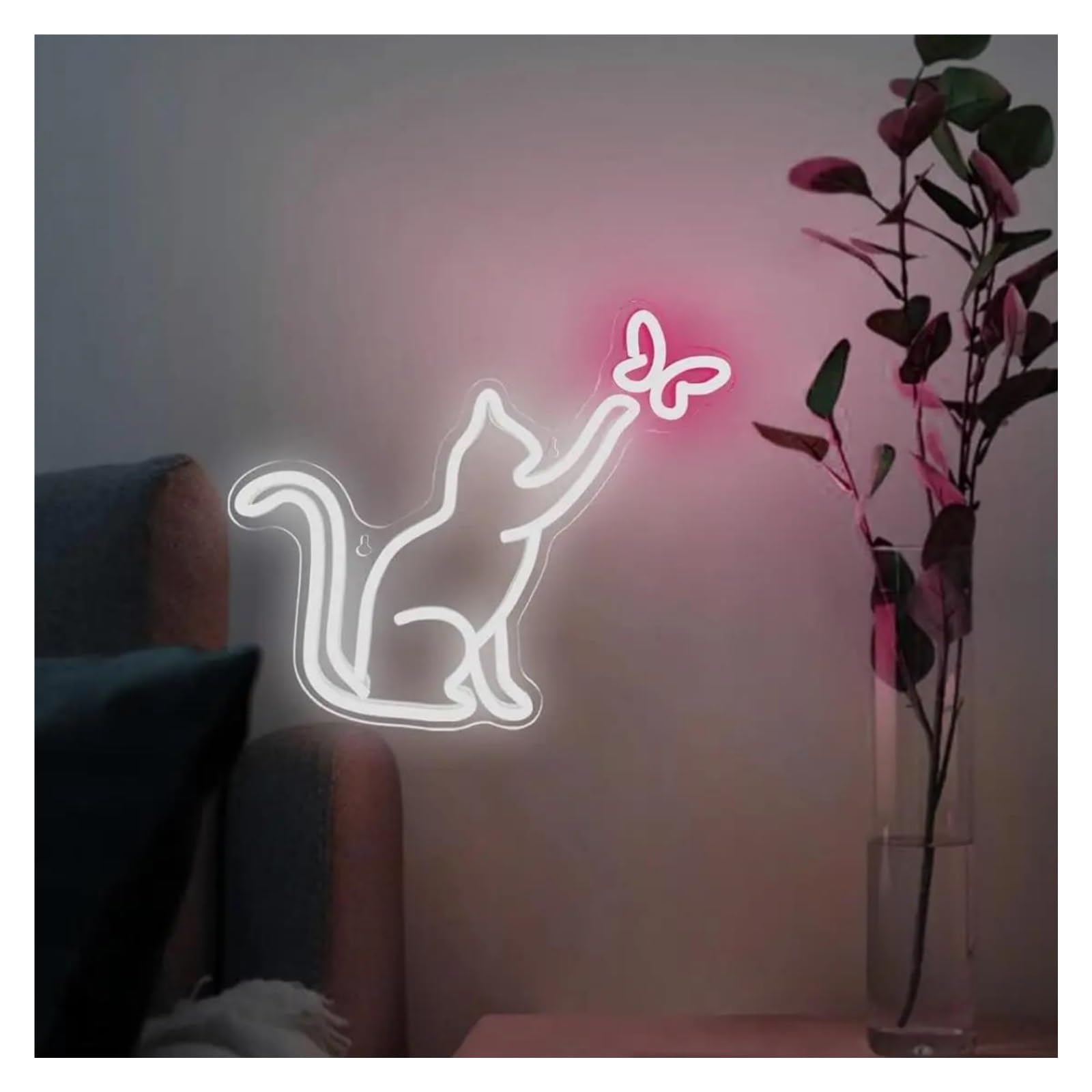XENITE Luces Art Decoration Christmas Letreros De Neón Con Diseño De Gato Y Mariposa, Con Alimentación USB, Para Pared, Decoración Del Hogar, Lámpara Colgante Para Sala De Estar 29.5cmx33cm