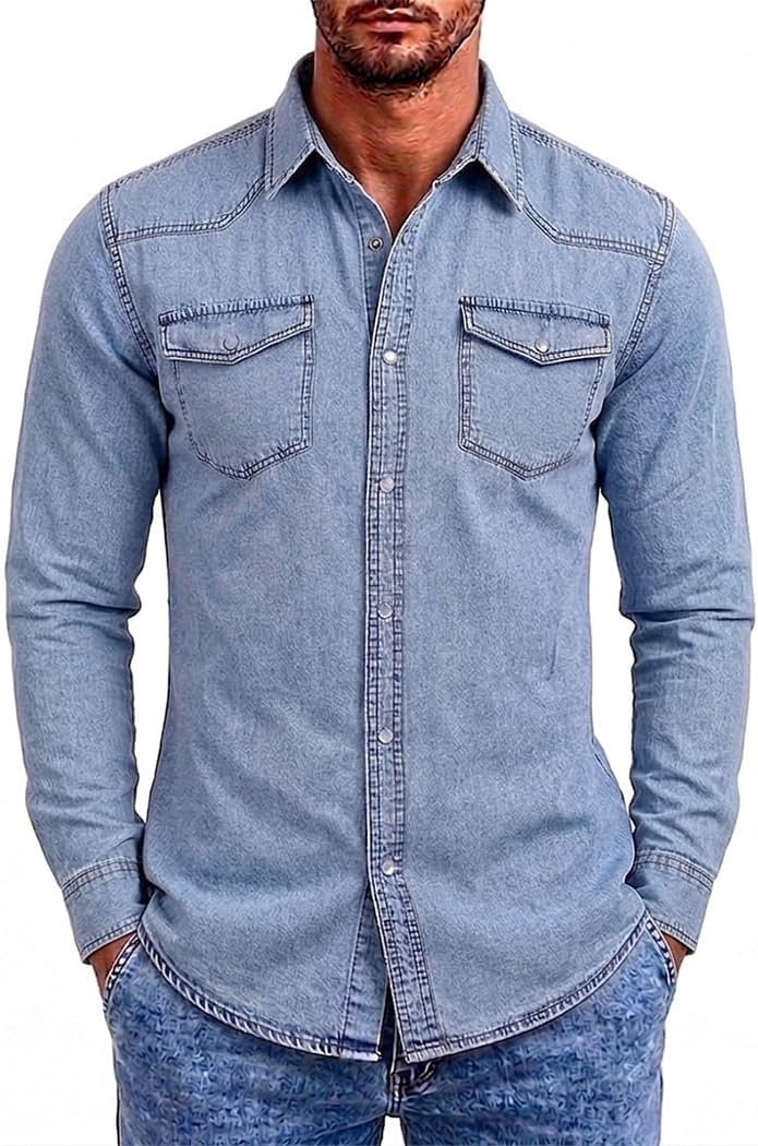 Men's Long Sleeve Double Pocket Snap Denim Shirt