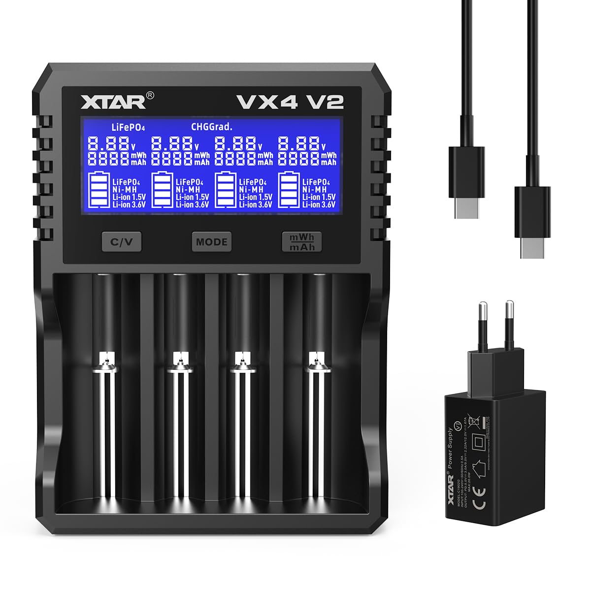 Xtar VX4 Mélangeur Visible 1,5 V/3,6 V/3,7 V Li-ION 3,2 V LiFePO4 Batteries NI-MH 1,2 V Chargeur et testeur de capacité de la Batterie, Le Premier testeur de capacité pour Batteries au Lithium
