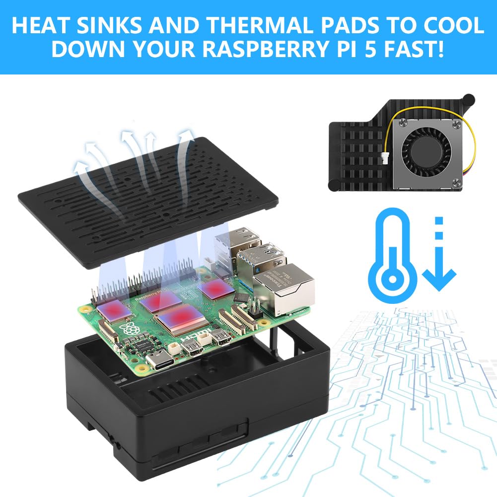 Aolso Raspberry Pi 5 ABS Case with Active Cooler, PCIe M.2 NVMe SSD Shield Top, Cooling Fan for Pi 5 4GB/8GB — view 5