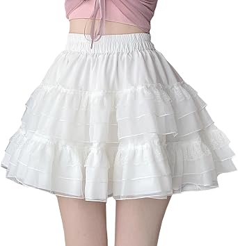 Womens Fashion Mini Skirt Y2K Casual High Waist A-Line Elastic Waist Lace Puffy Skirt