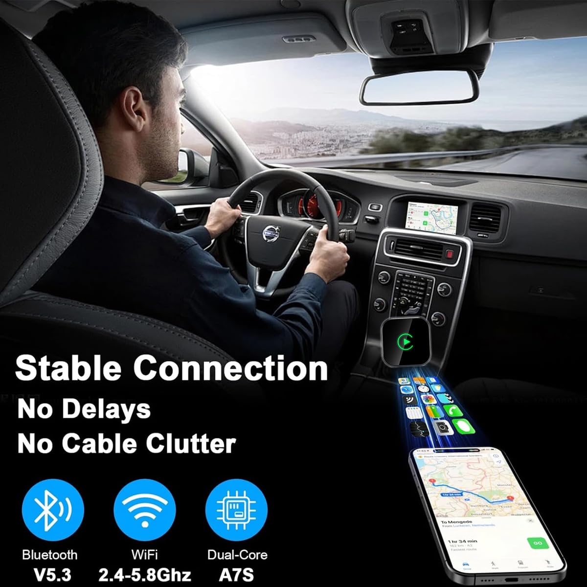 Adaptateur Sans Fil CarPlay pour iPhone et Android Auto - 2 in 1 USB vers Wireless Dongle, Conversion Câblé vers Sans Fil, Connexion Auto 5.8GHz WiFi, Compatible Voitures dès 2016, iOS 10+ Android 11+