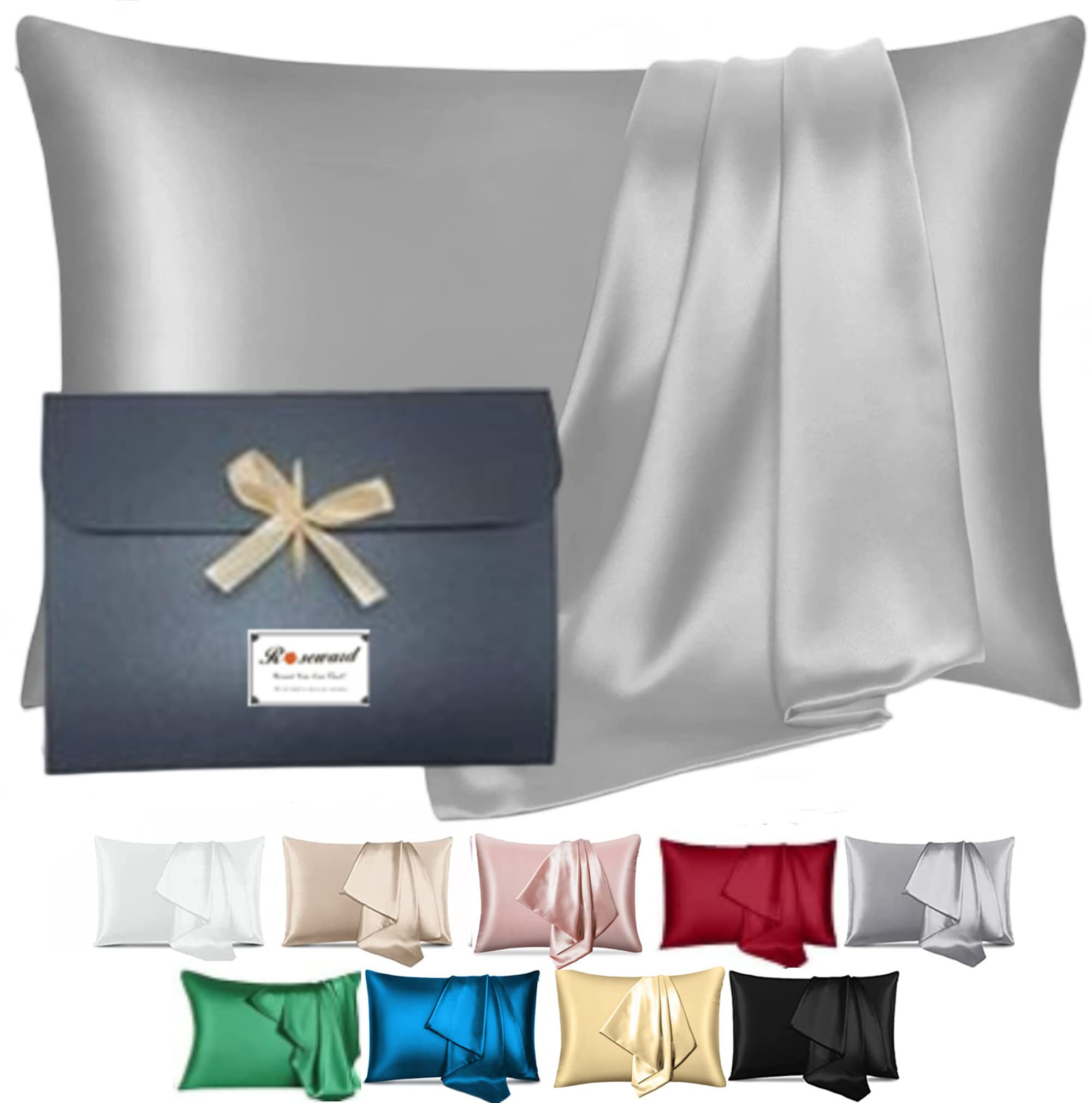 Funda de almohada 100% seda fabricada en Estados Unidos, 22 Momme, lavable a máquina, hipoalergénica (gris, Queen)