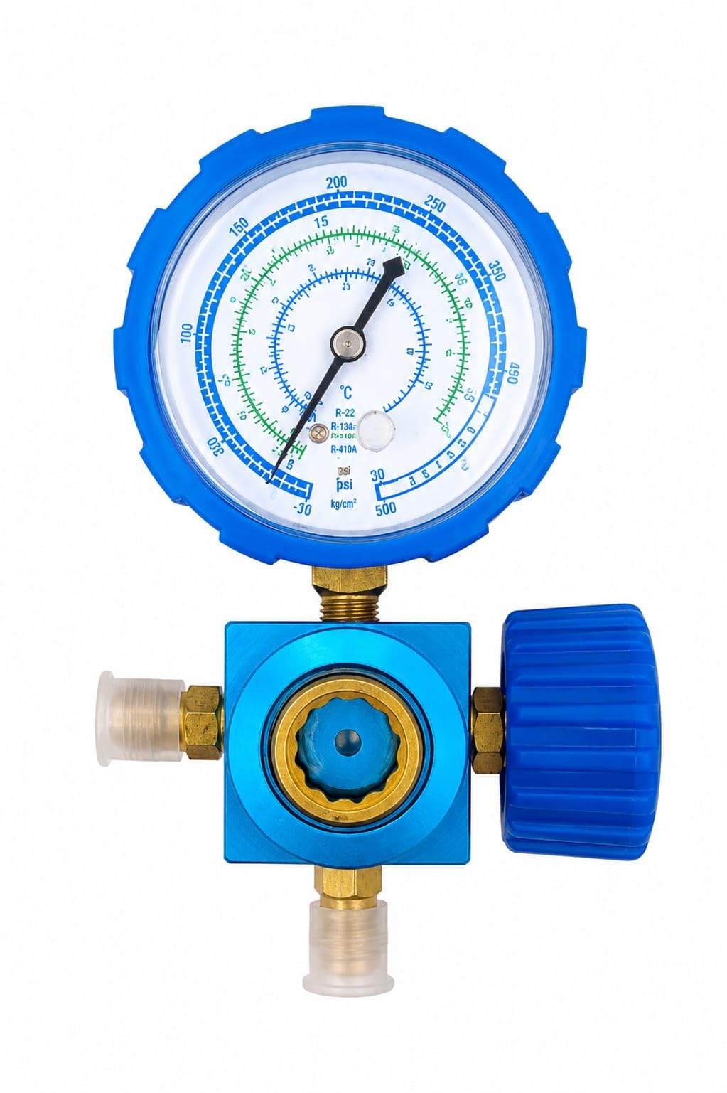 Ac gas charging gaje 500 psi for R-22, R-134a, R-410A Refrigerants | 500 PSI Pressure Range, Brass Fittings, Multi-Refrigerant Scale, Blue Aluminium Body, AC Servicing Tool-picture-34