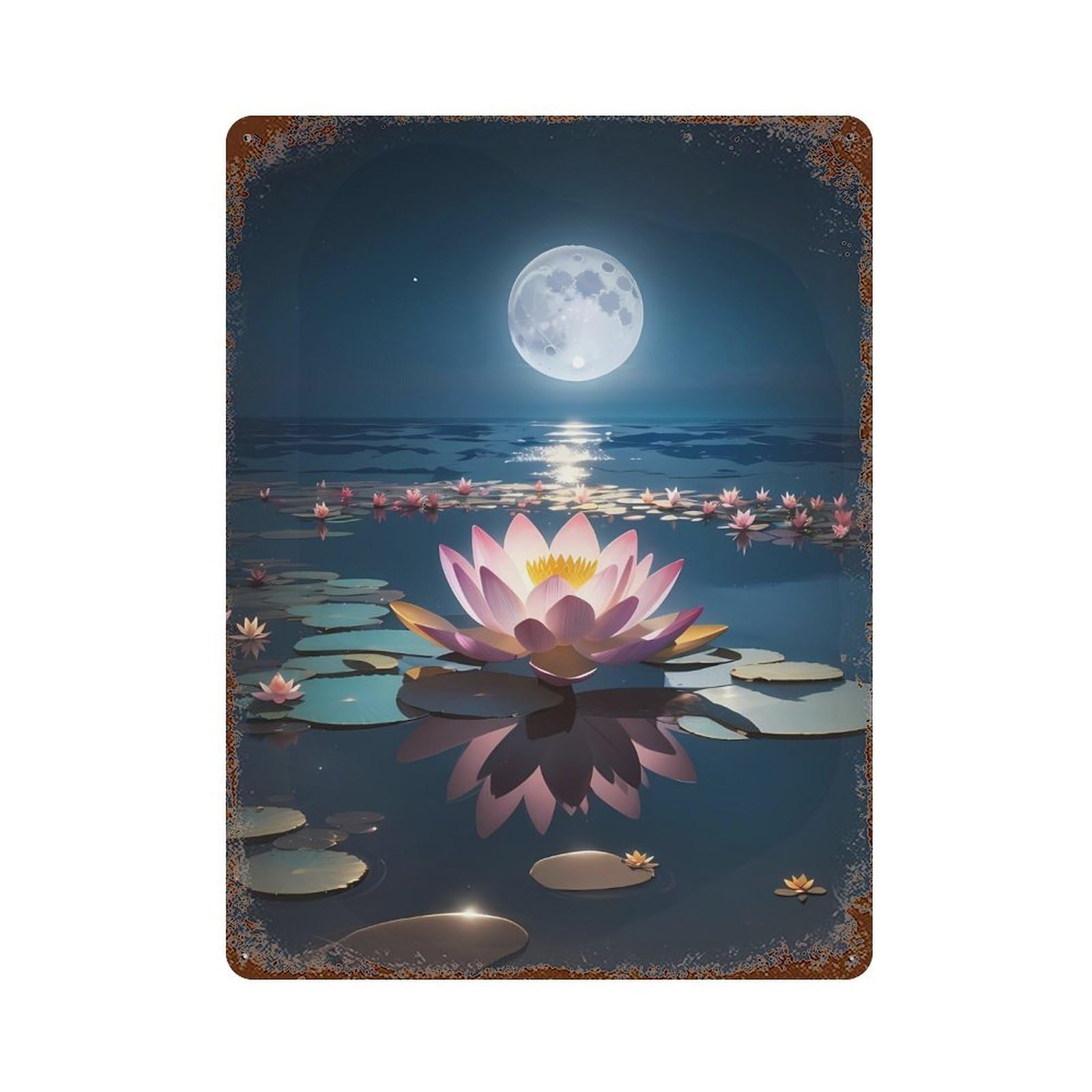 Garage Style Moonlit Lotus Pond Aged Metal Wall Plaque 15.7"x11.8", Old School Wall Decor for Bar And Workshop