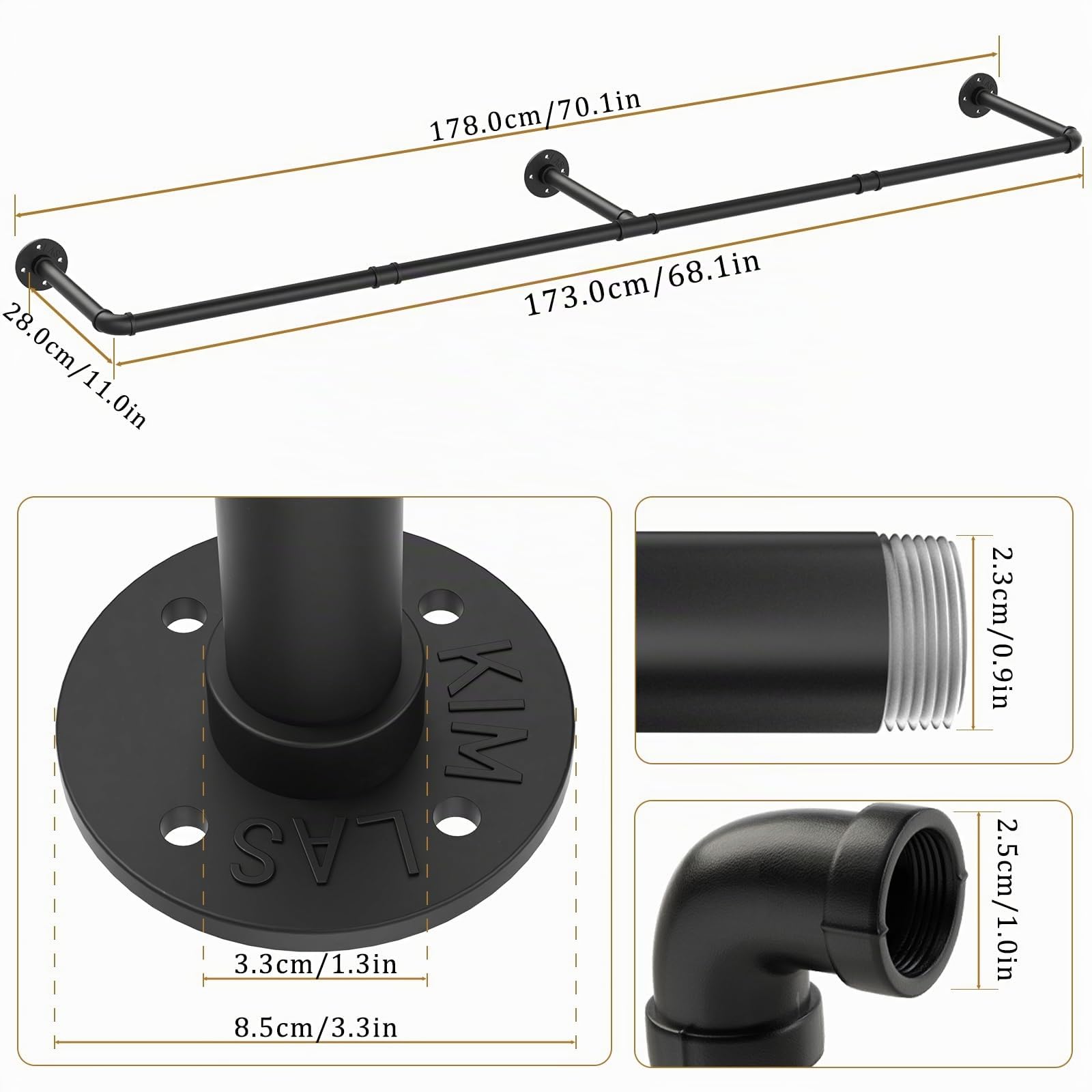 Yawinhe Attaccapanni da Muro Industriale, Barra Appendiabiti da Parete a Tubo 178cm, Salvaspazio, Rimovibile Appendino, per Lavanderia, Nero,2 Pack, YMG004-2