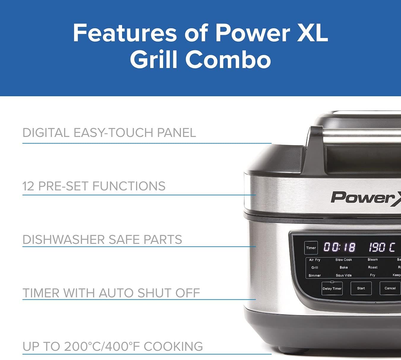 Collage of 12 different food images representing the 12-in-1 multicooker functions: Air Fry, Slow Cook, Steam, Sauté, Grill, Bake, Roast, Rice, Simmer, Sous Vide, Fry, Keep Warm.