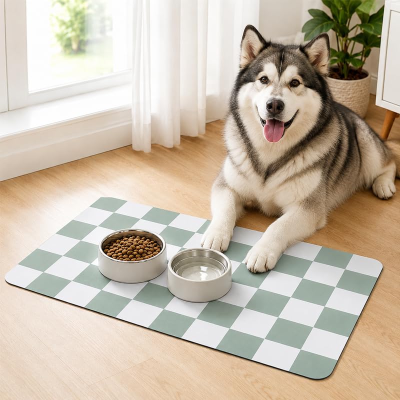 Dog Food Mat,Absorbent Pet Feeding Mat 30x50cm,Green Quick Dry Checkered