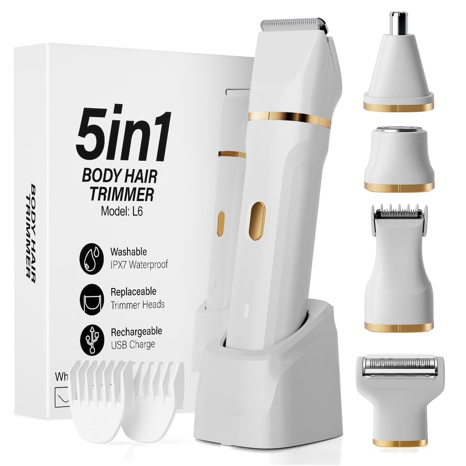 Rasuradora para Mujer, 5 en 1 Afeitadora para Cuerpo Húmedo y Seco, Ideal para Rasurar Todos los Pelo del Cuerpo, Depiladora Facial, IPX7, Carga mediante USB-C o Estación de Acoplamiento.