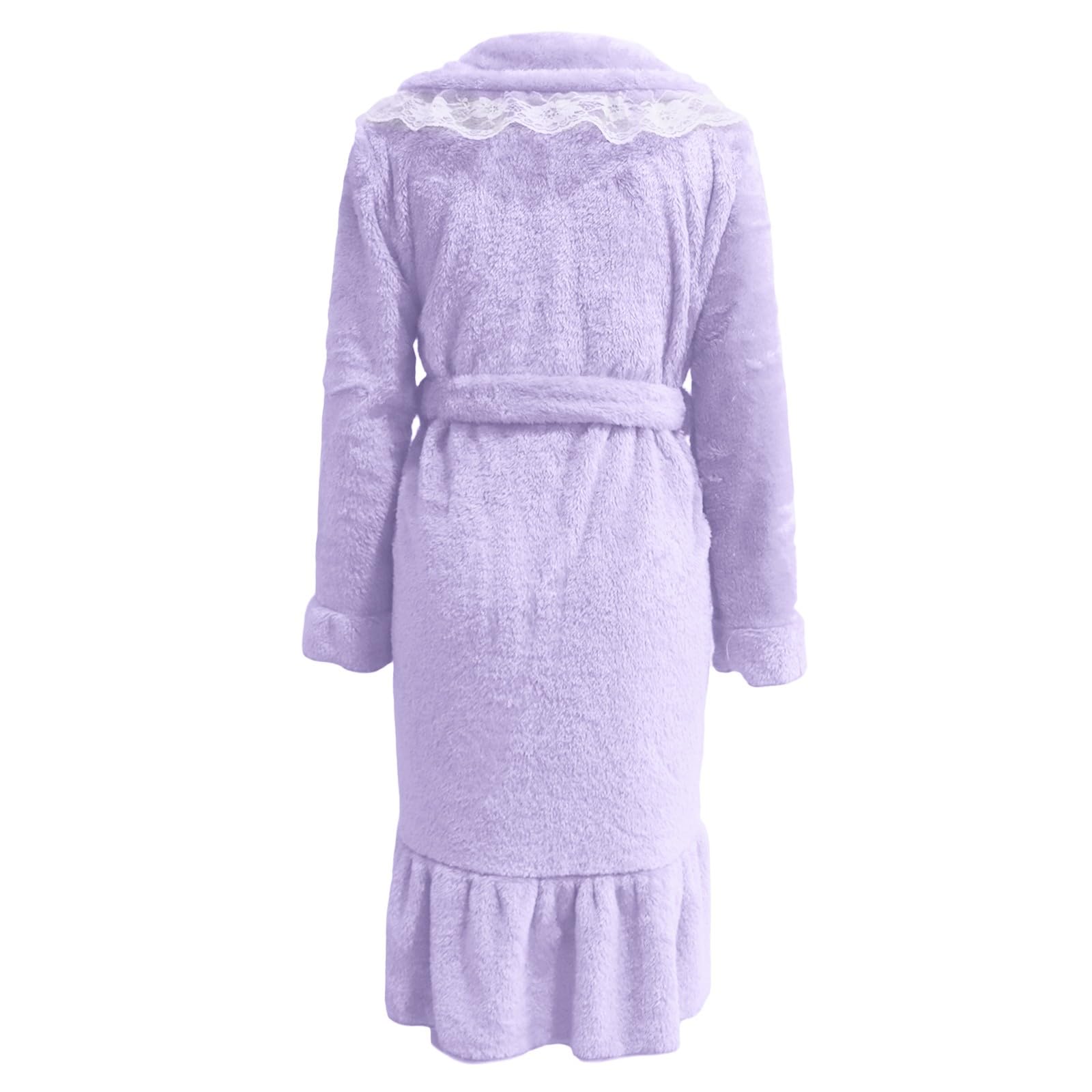 Generisch Bademantel Damen Langer Kuschelbademantel für Damen mit Rüschen Kragen und Saum Weicher Fleece Morgenmantel mit Bindegürtel Taschen Wellness Sauna Hausmantel
