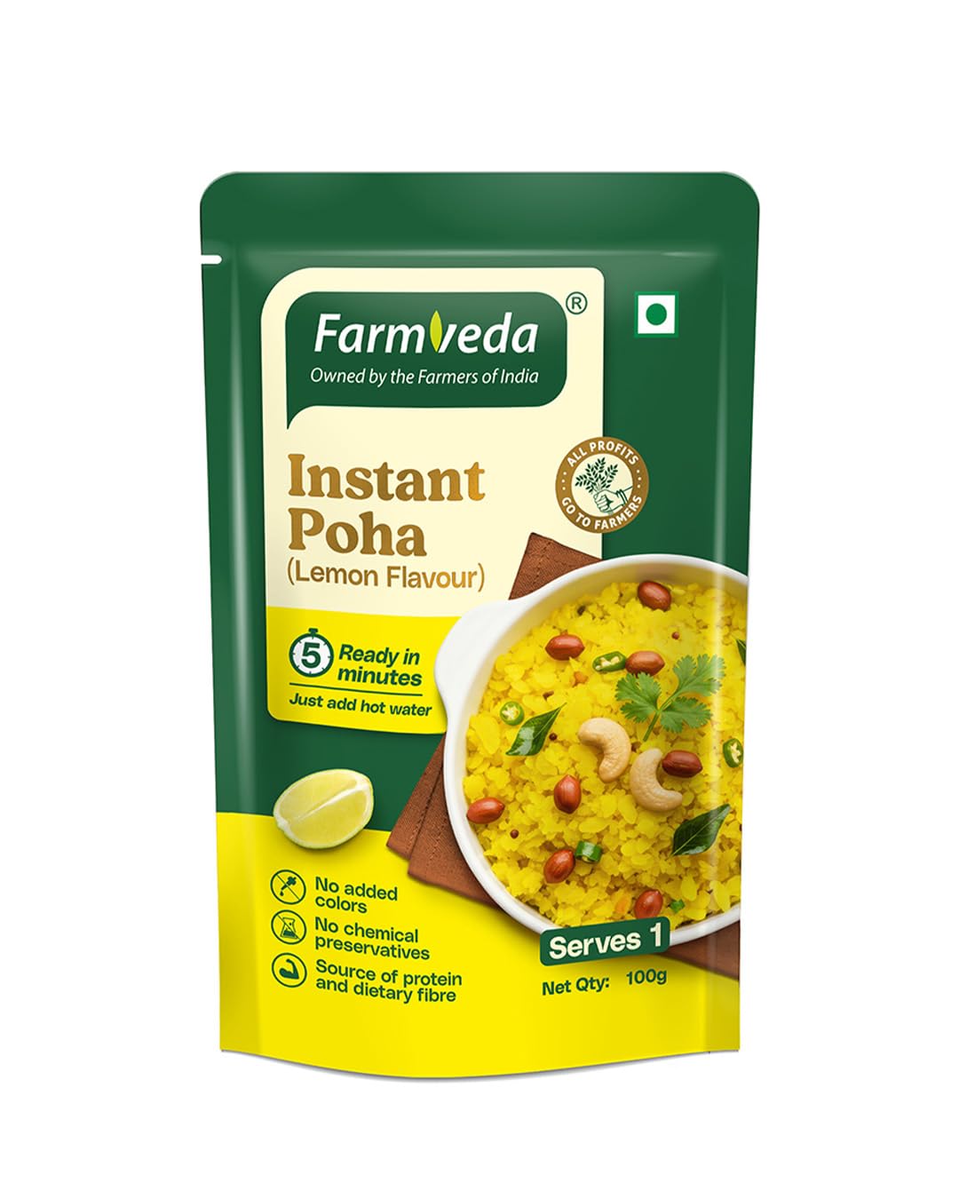 Farm veda Instant Poha Lemon Flavour (100gm*Pack of 5)| Ready in 5 Minutes| Just Add Hot Water | No Preservatives, No Added Colours | Healthy Breakfast & Snack