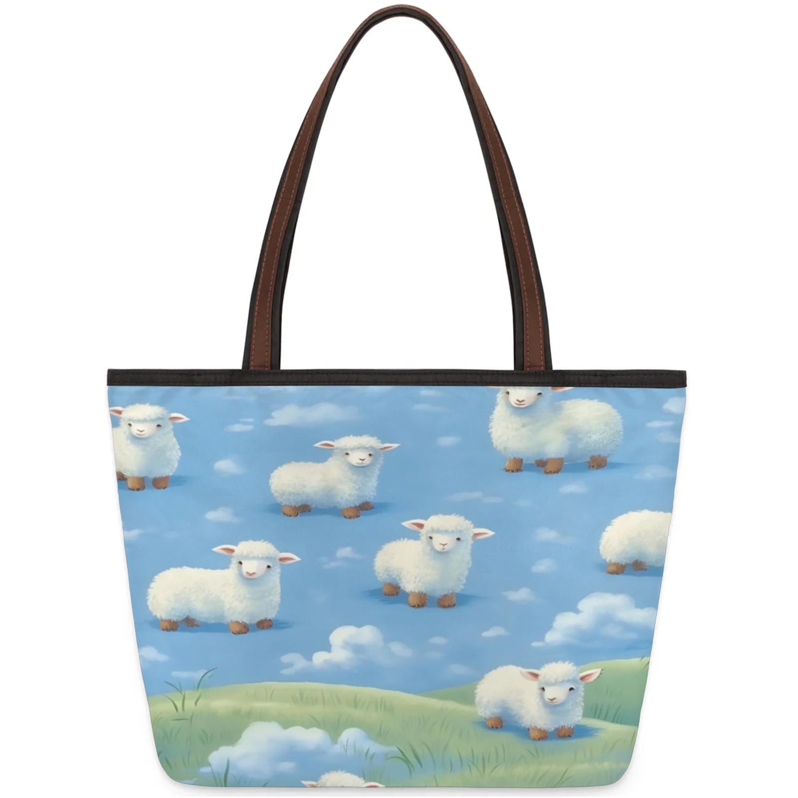 Cute Sheep Meadow Tote Bag Multi Pocket Zippered Beach Bag Lightweight Waterproof Handbag for Women Men Work Gym Travel Swimming Yoga Grocery Shopping M