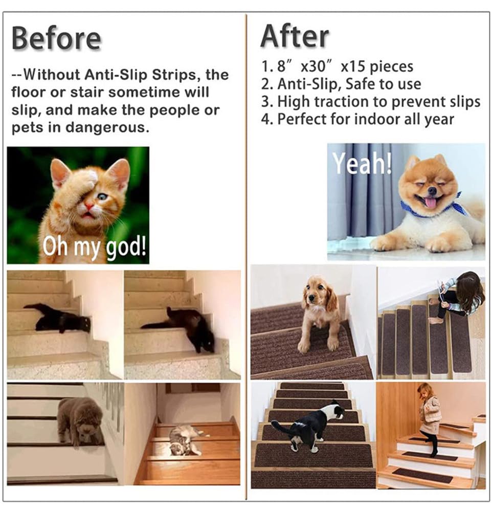 Lot de 13 tapis d'escalier autocollants antidérapants, amovibles et réutilisables, sans danger pour les enfants, les personnes âgées et les animaux domestiques (marron foncé)