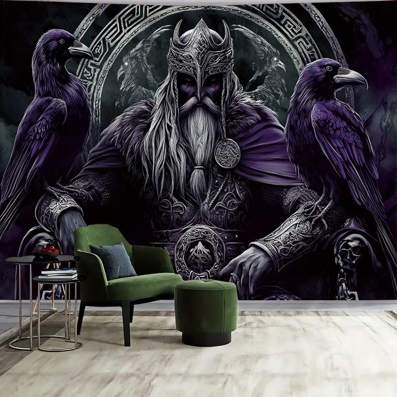 FENDROM Nordischer Wikinger-Tapisserie, Odin, Krieger, Schwert, Axt, Rabe, Wandteppich, quadratischer Knoten, Tattoo, Wandbehang, nordische Meditation, Runen für Herren, Schlafzimmer, ästhetisch,