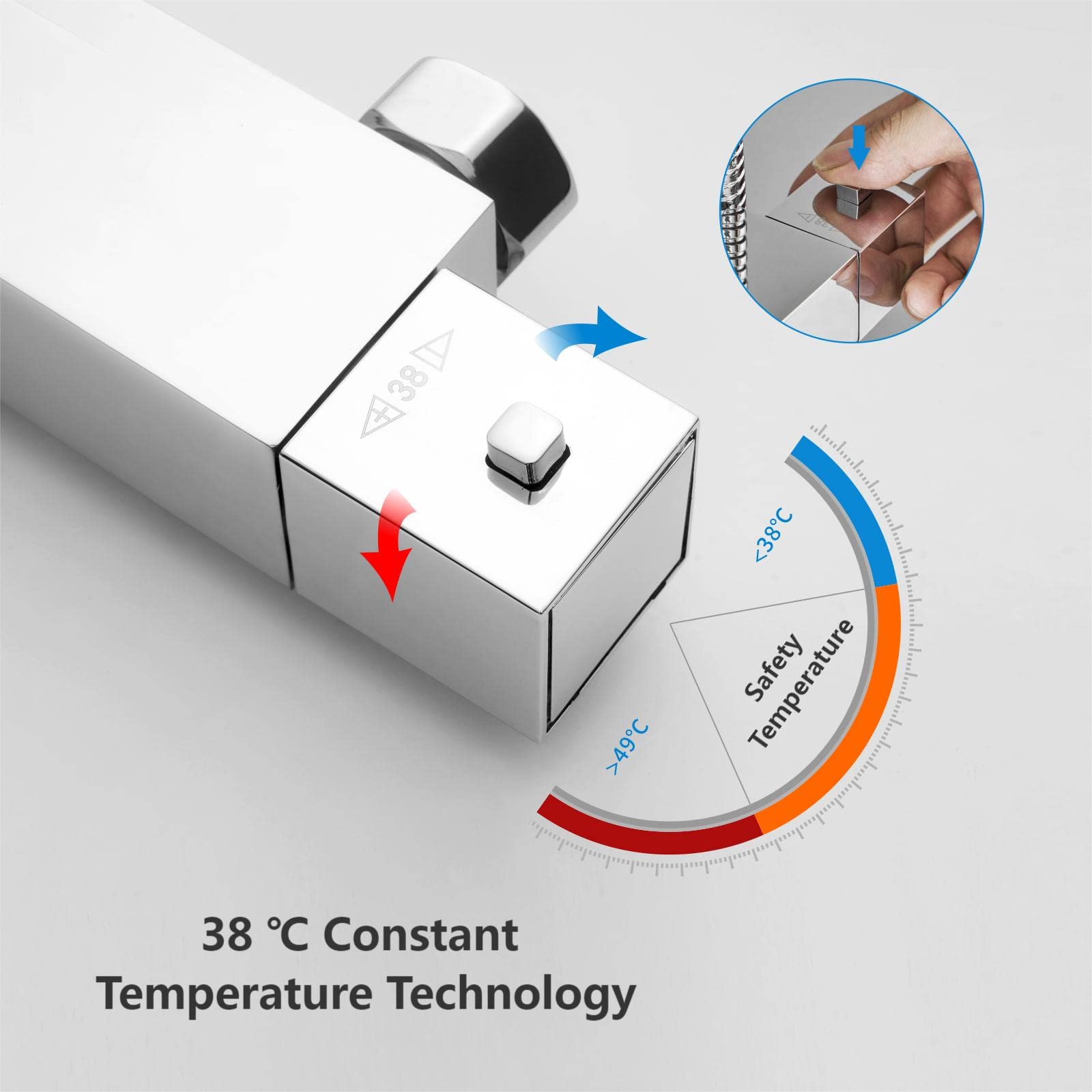 YOOZENA Columna de Ducha Termostática Ajustable Con Grifo, 38 °C, Alcachofa de Ducha de Baño con Manguera, Cromado Cuadrada