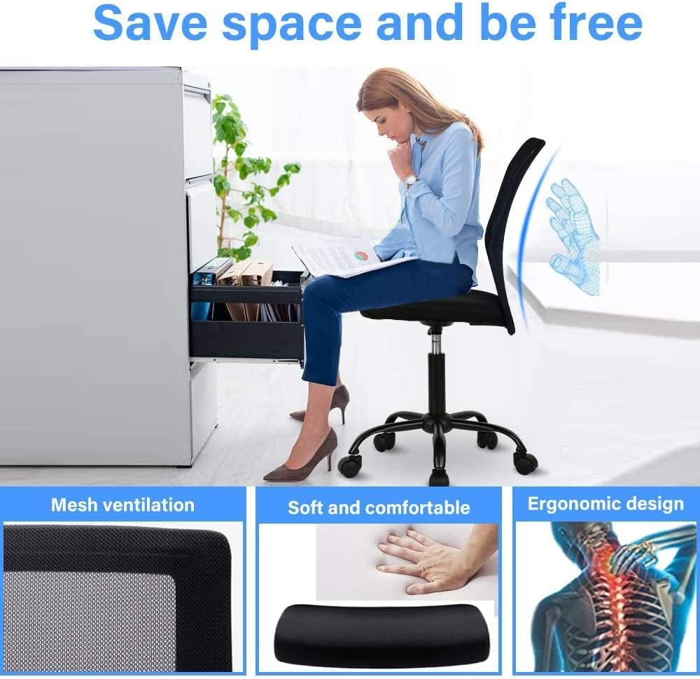 LUARANE Silla De Oficina Sin Brazos, Silla De Escritorio Pequeña Ergonómica Con Soporte Lumbar De Malla, Silla De Computadora Ajustable Con Respaldo Bajo Con Asiento Tapizado, Silla Giratoria De 360° Para