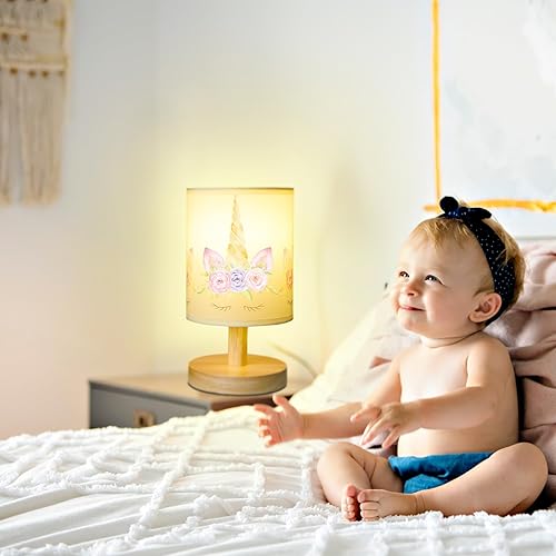 Miniatura 2 de VIHOSE Lámpara de mesa de unicornio para dormitorio, lámpara de noche de madera con mesita de noche de lino, pantalla de guardería de dibujos