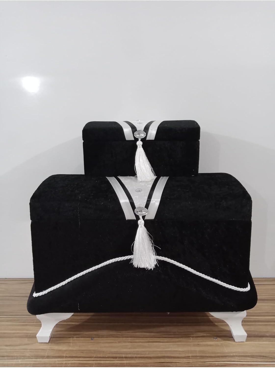 SODEF 2 Piece Decorative Storage Box Set - Handmade Velvet Fabric with Pearl and Lace Embellishments for Wedding, Engagement, Bridal Trousseau - Black - Black