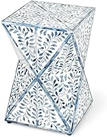 Beaumont Lane Bone Inlay Accent End Table - White Blue Geometric Botanical Pattern, Handcrafted 14.25x14.25x21 Multi-Color