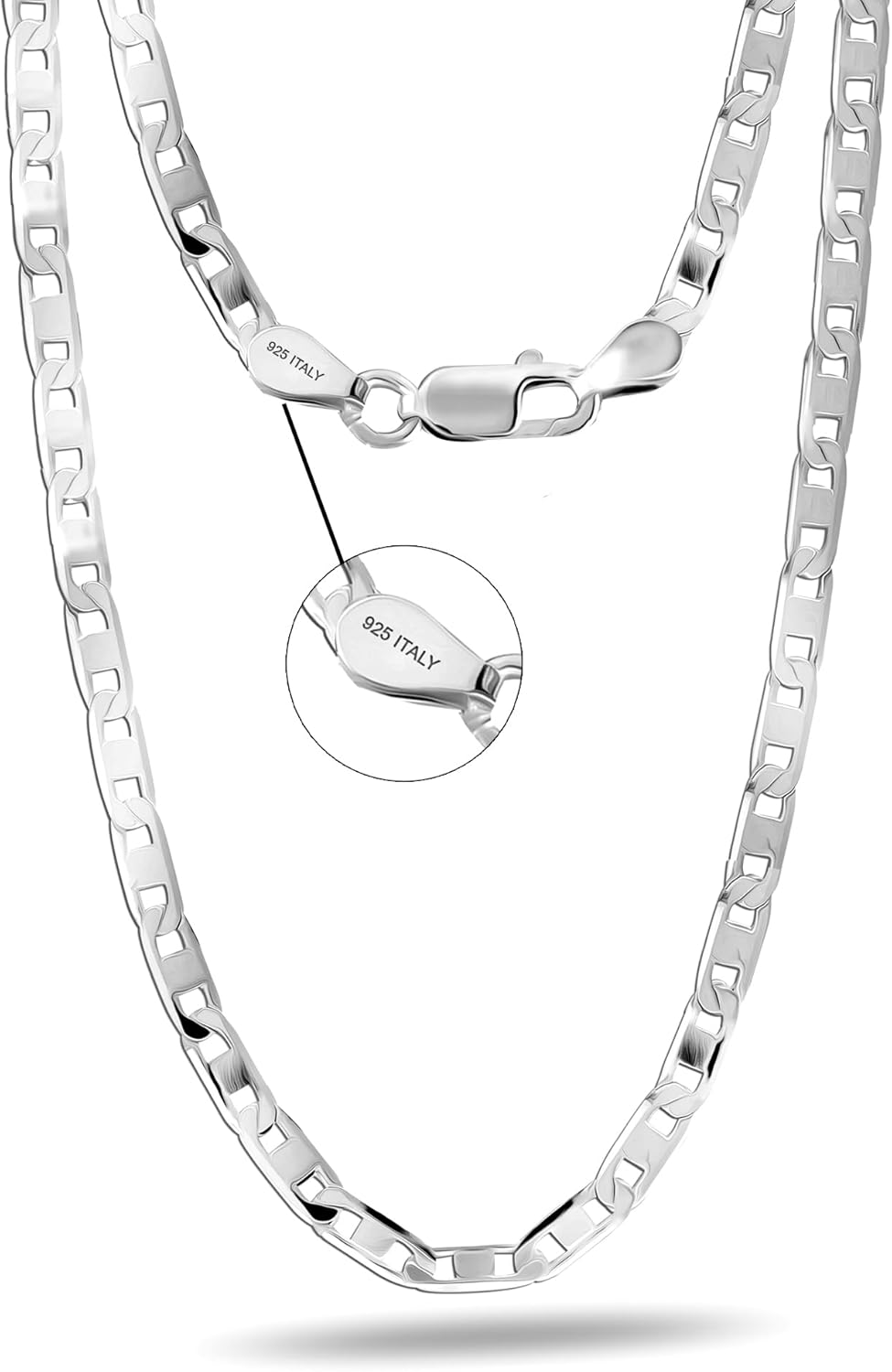 LeCalla Solid 925 Sterling Silver Italian 3 MM, 4 MM Diamond-Cut Solid Flat Mariner Link Chain Necklace for Women Men with Lobster Clasp, Made in Italy (16, 18, 20, 22, 24 Inches)