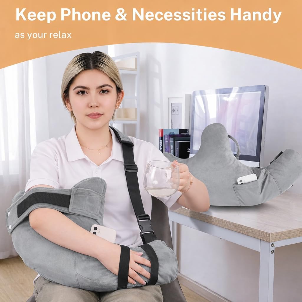 Shoulder Surgery Pillow with Pocket and Straps, Polyester, White, Left/Right Arm Support for Sleeping, Rotator Cuff Relief, Neck and Arm Pain Relief (Grey)