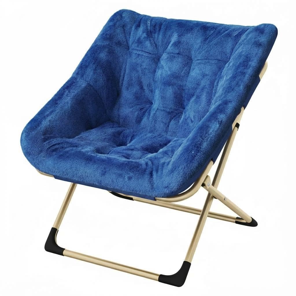 Garvee Silla Plegable Tipo Luna para Adultos, Sillón Lounge Cómodo con Estructura De Acero y Pelo Sintético Suave, Sin Montaje, para Salón, Dormitorio o Apartamento, Azul