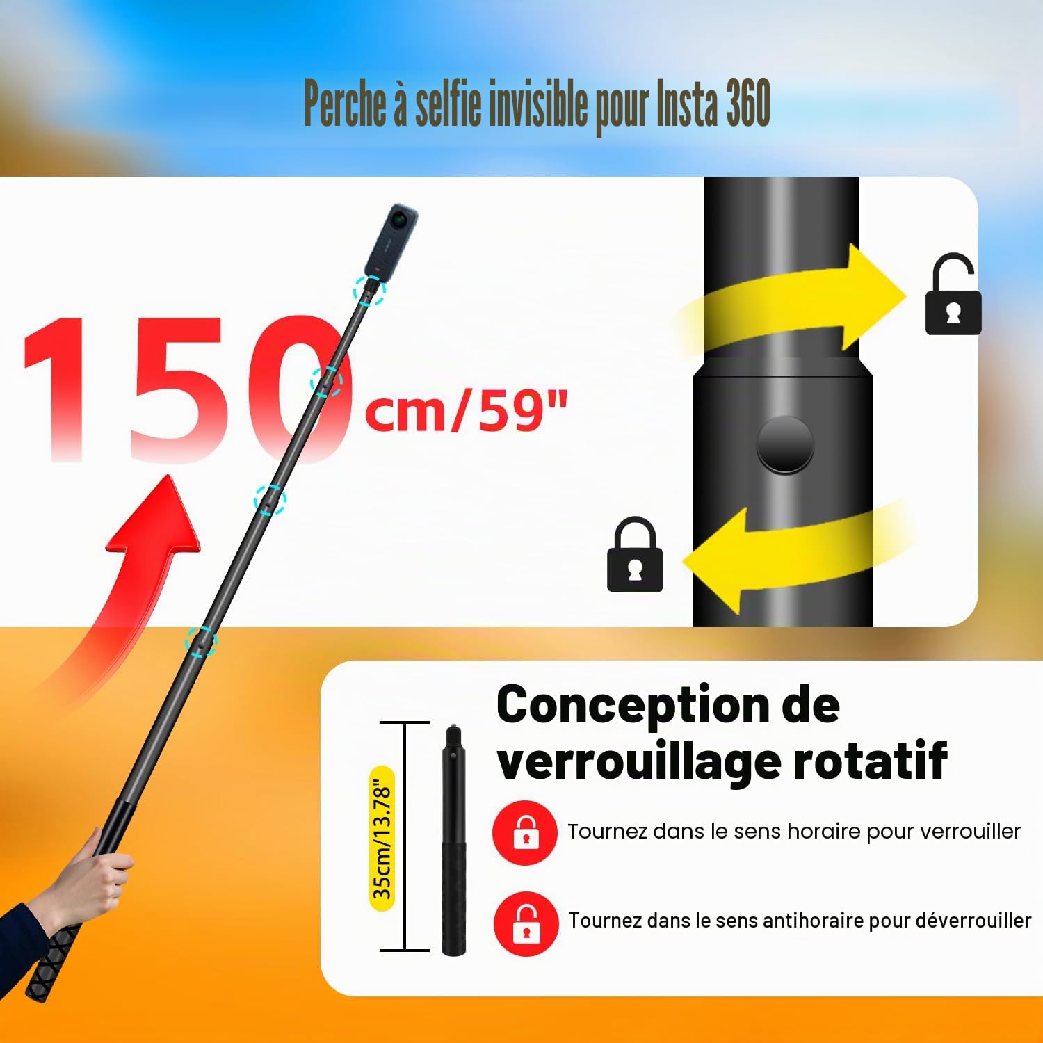 Moto Vélo Guidon Serrer Monter avec 59" Invisible Selfie Bâton Compatible pour Insta 360 X5 X4 X3 X2 X Un RS R Aller 3 Aluminium Alliage Lourd-Devoir Caméra Double Serrer Monter Trousse
