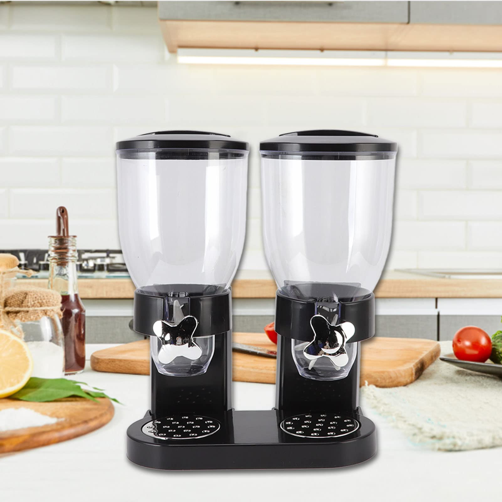Dispensador de cereales con recipientes dobles de ABS, gran capacidad de 7 litros, funcionamiento hermético y giratorio para almacenamiento en la encimera de la cocina, (Negra)