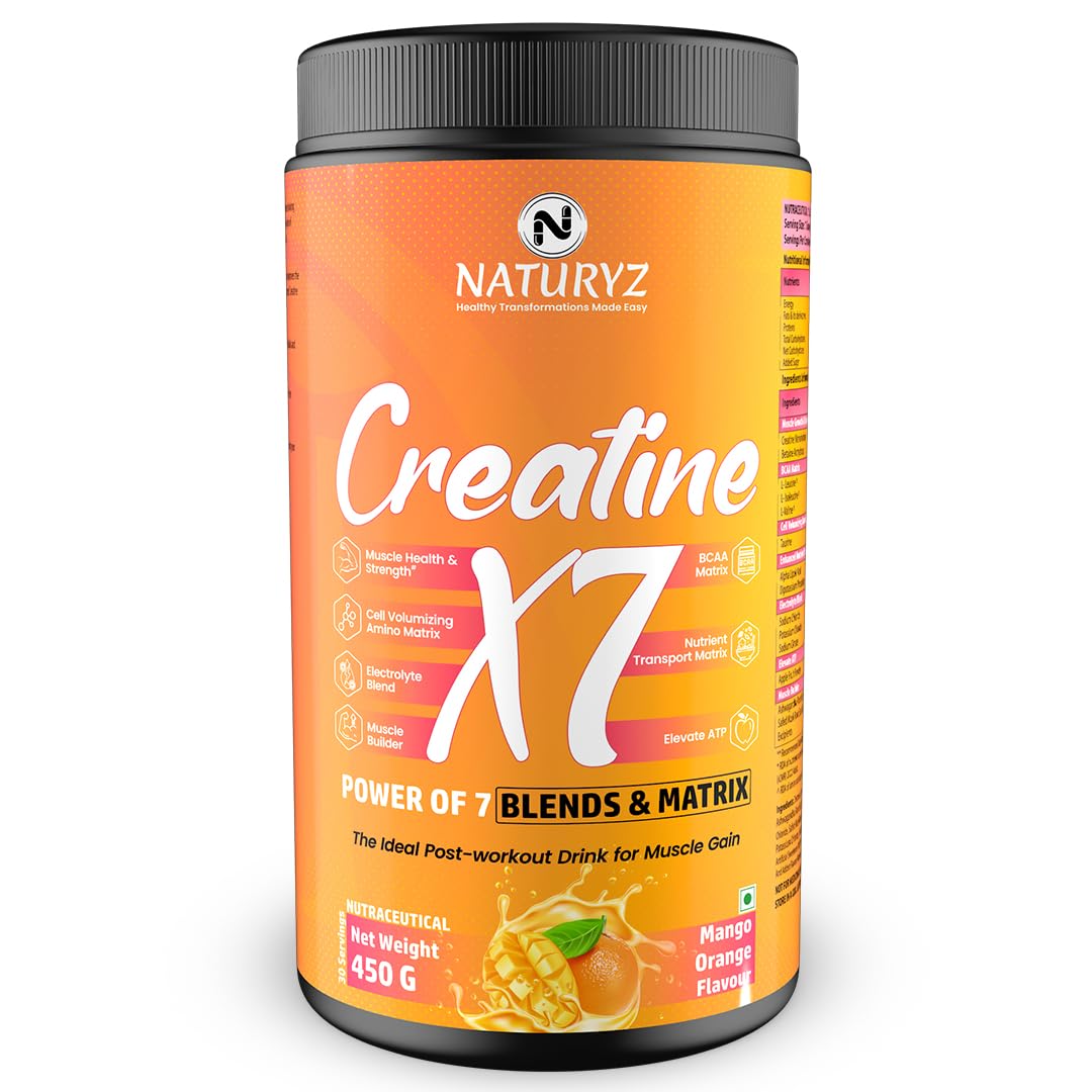 NATURYZ Creatine X7 Pure Micronized Creatine Monohydrate Post Workout drink | Rapid Absorption with Aminos | BCAA | ATP Transport Matrix | Muscle Growth & Strength | Power of 7 Blends | Muscle Builder- 450g(Mango Orange) (B0D6Z3NQBN) Amazon Price History, Amazon Price Tracker