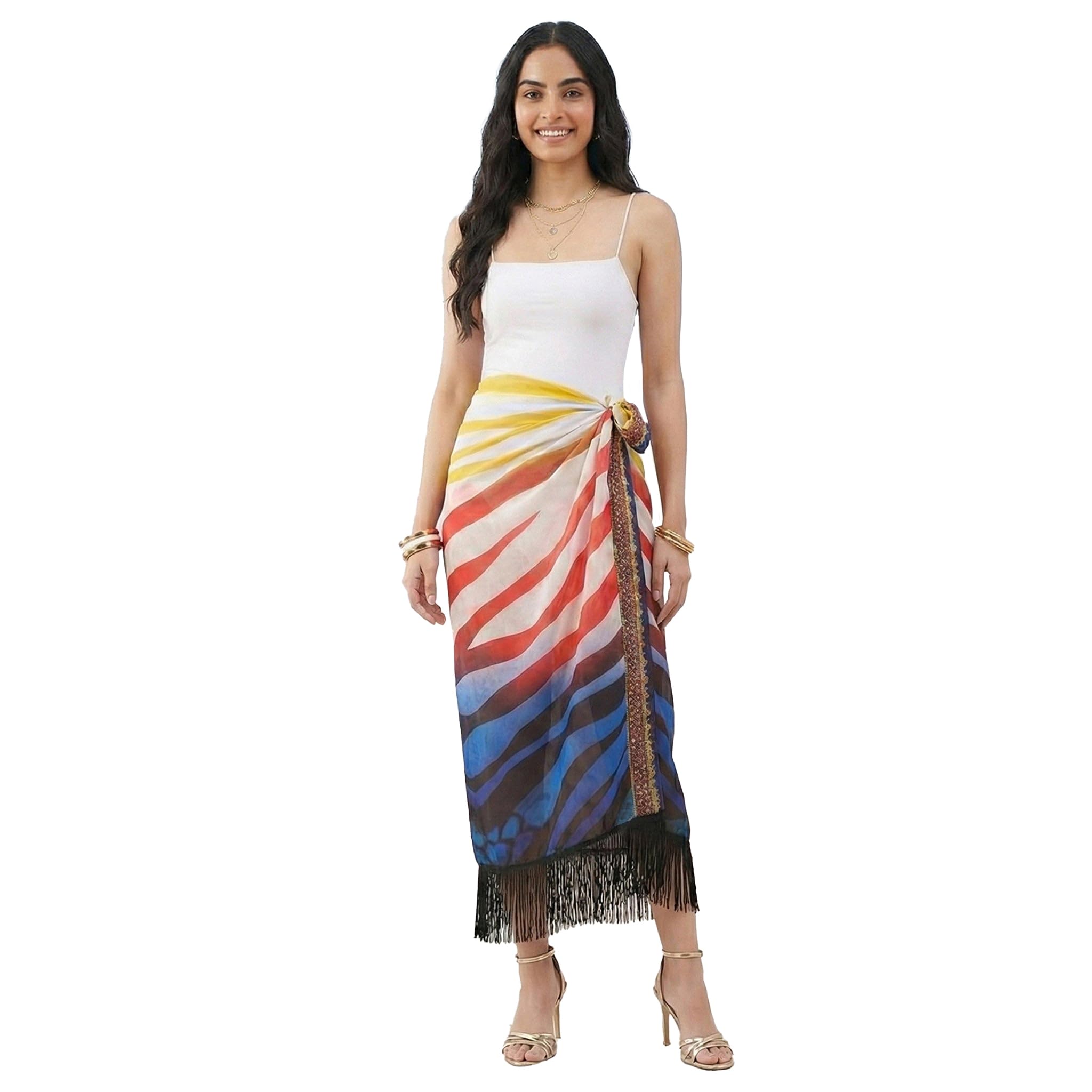 Multicoloured Zebra Print Long Sarong in Viscose Crepe for Women by Ramola Bachchan-image-5