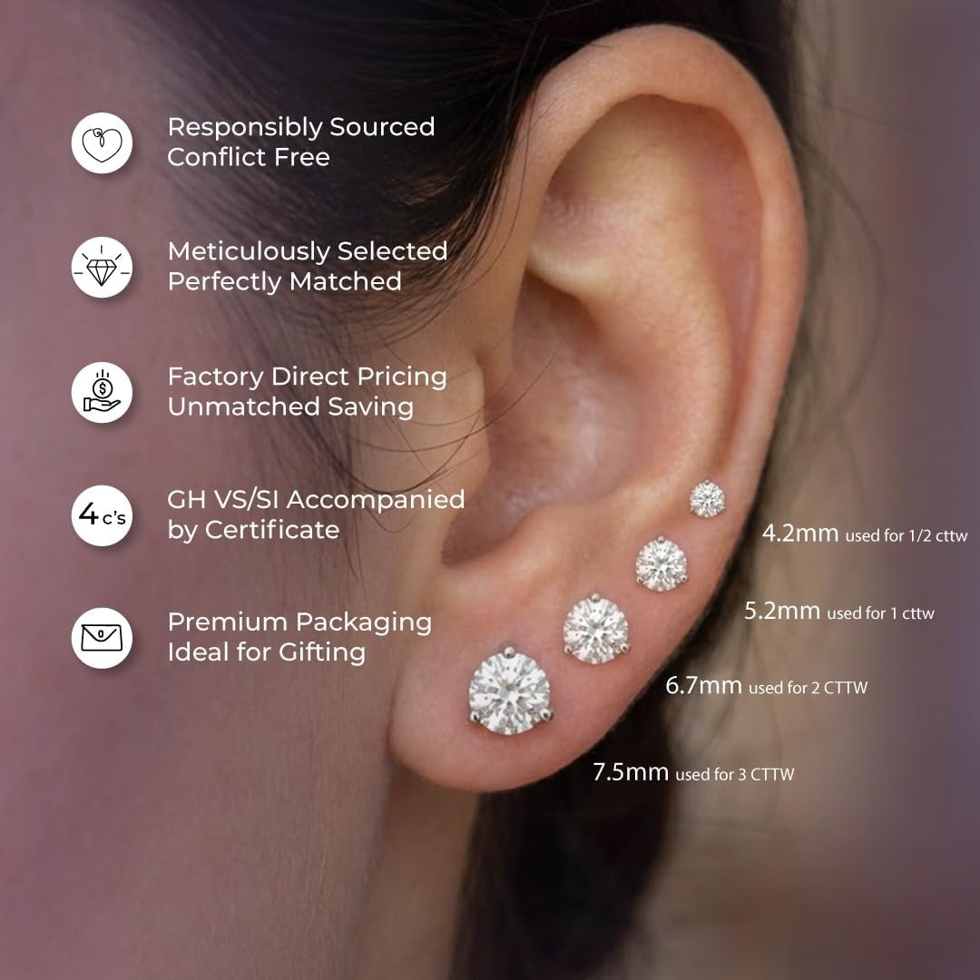 1/2-2 Carat Martini Set 3 Prong Lab Grown Diamond Stud Earrings | 10KT White or Yellow Gold | Double Notch Push Back Studs | Certified GH Color and VS SI Clarity by Gemologists - Image 4