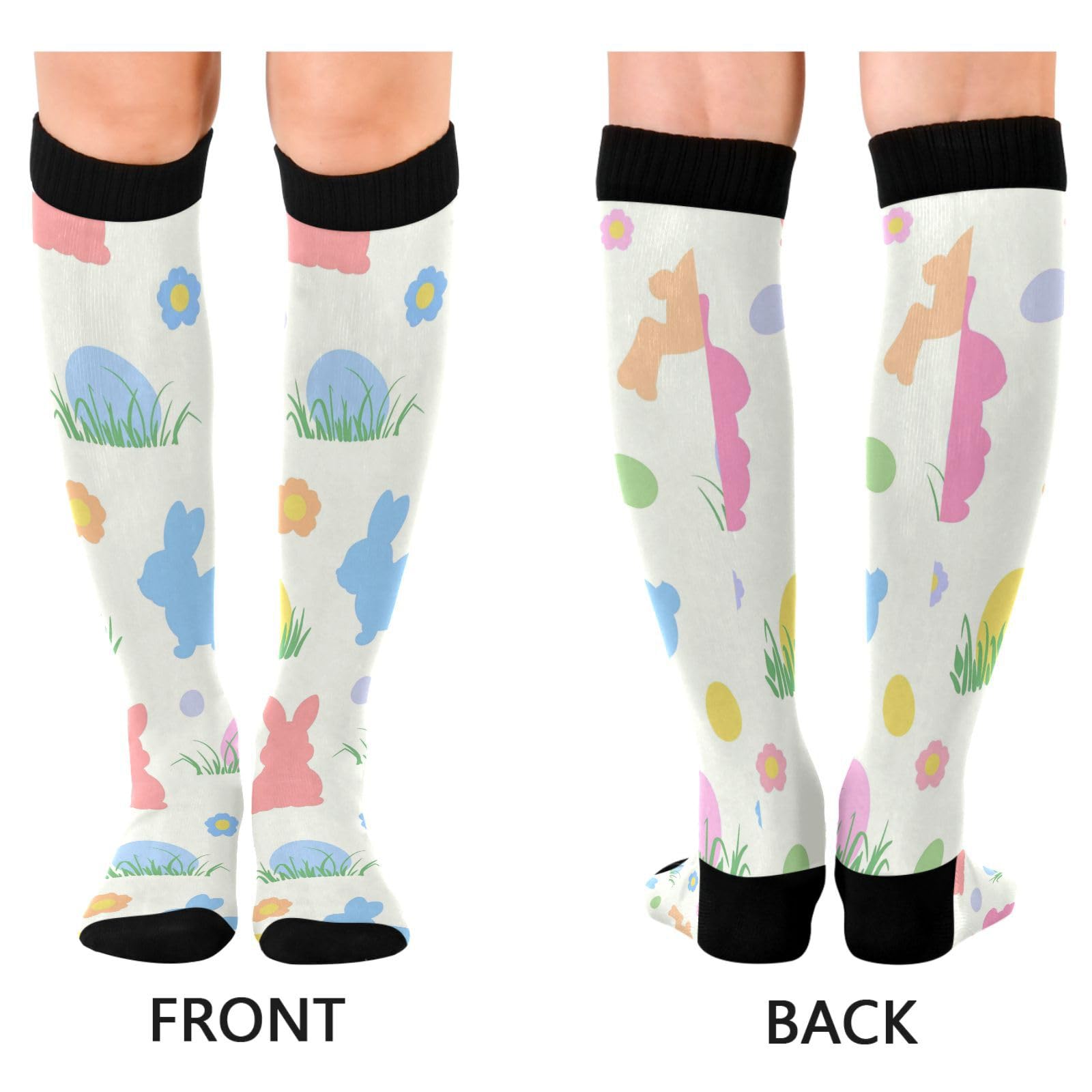 Dussdil Easter Bunnies Floral Eggs Compression Socks for Women Men Spring Circulation Long Knee Socks for Sport Running Cycling Stockings