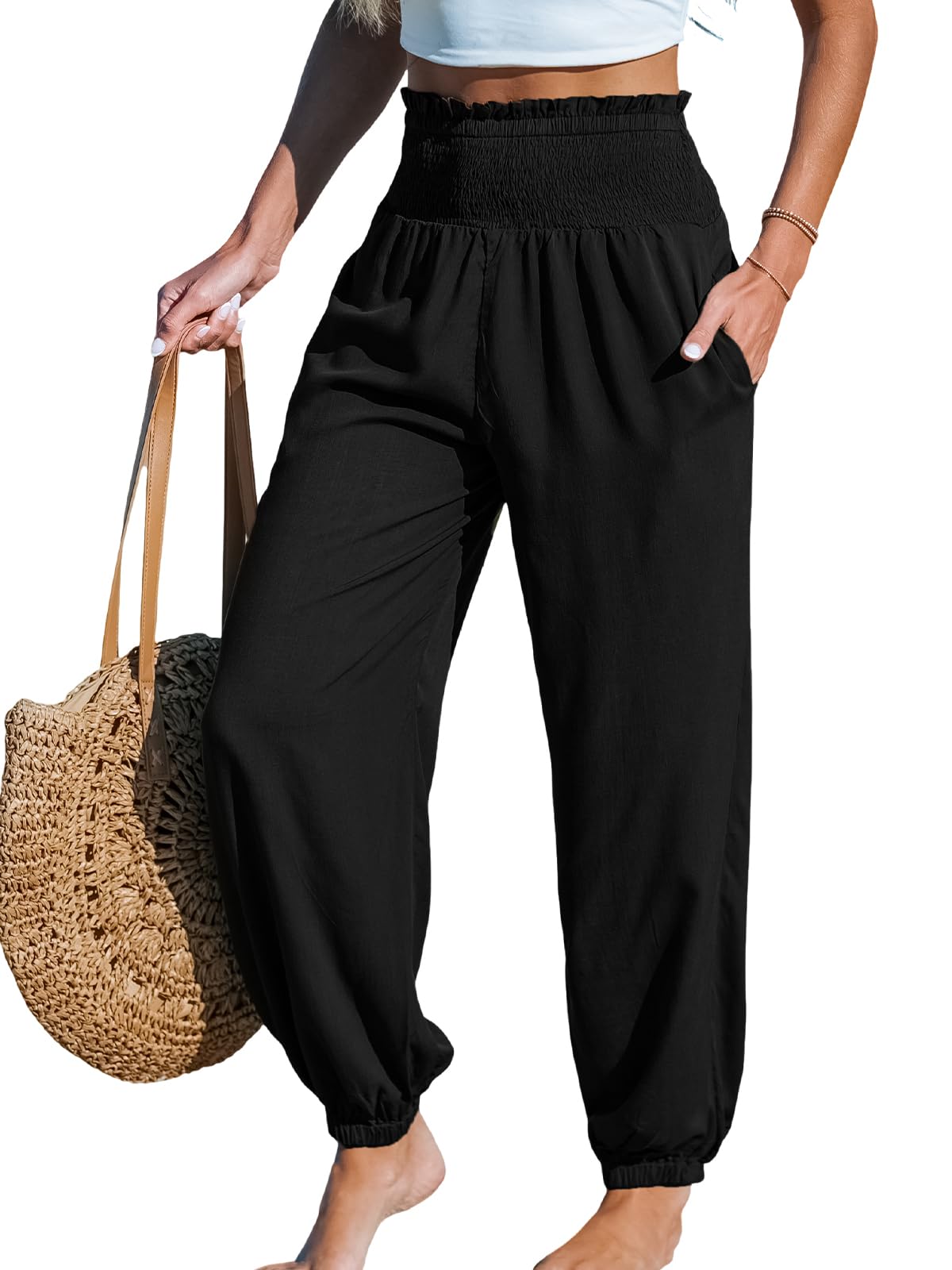 CUPSHE Women Pants Smocked Pockets Waist Wide Leg Ruffle Loose Fit Pant Casual Beach