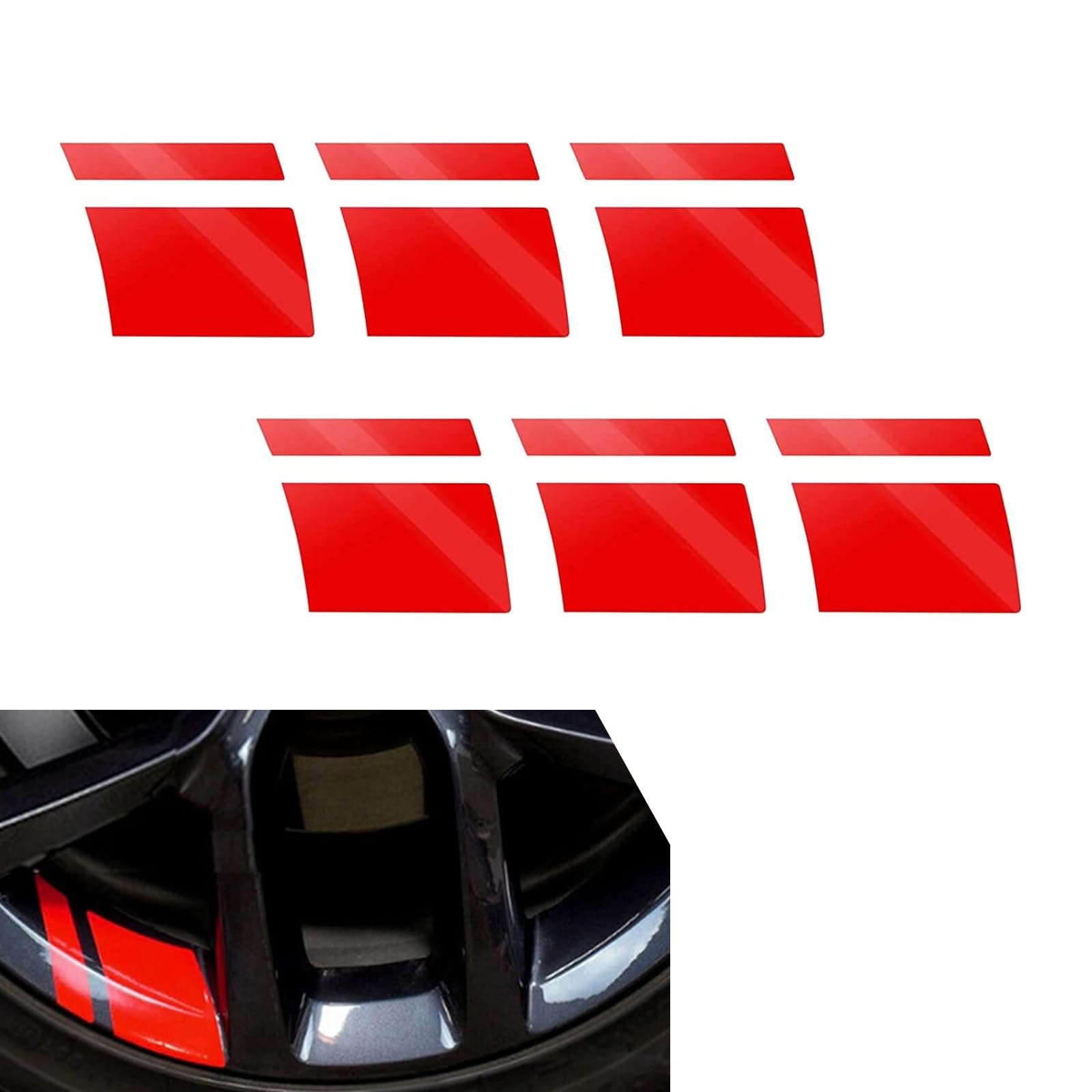 Pack-6 Car Rim Reflective Sticker, 3.9" x 2.7" Personalized Striped Decorative Decals, Night Warning Safety Stickers for 18"-21" Wheels Tires, Universal for Cars Exterior Accessories (Red)