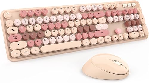 Teclado y mouse inalámbricos, teclado inalámbrico de 2.4 G con tapa redonda retro para PC, Mac, laptop, ventanas de computadora (té con leche)