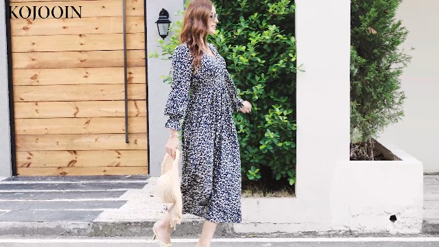 KOJOOIN Women's High Waist Smocked Tunic Maxi Dress - Long Sleeve Ruffle Dress - View #9