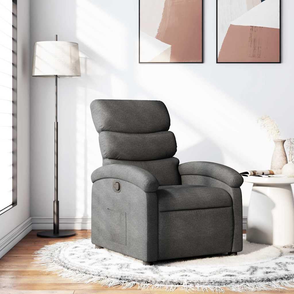Fotel relaksacyjny, ciemnoszary, materiał z ręcznie regulowanym oparciem i podnóżkiem, ergonomiczny komfort siedzenia, rama drewniano-metalowa, idealny do salonu, biura, relaksu i czytania