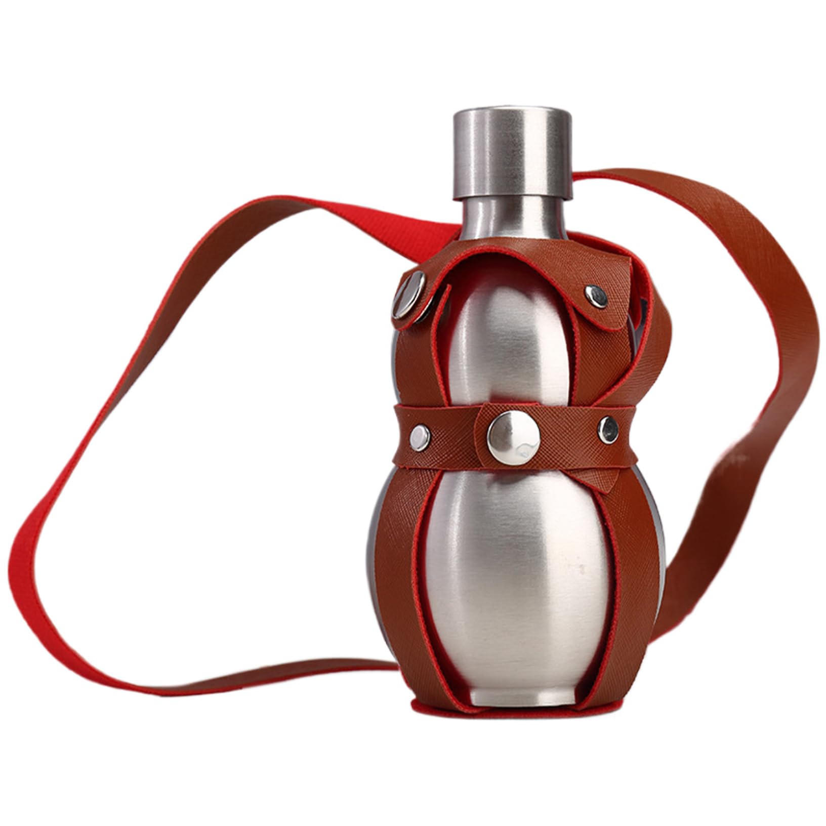 fkngcp Gourd Bottle, 18 Oz Stainless Steel Gourd Water Bottle, Portable Drinking with Brown Strap, for Juice, Milk, Wine, Drinks